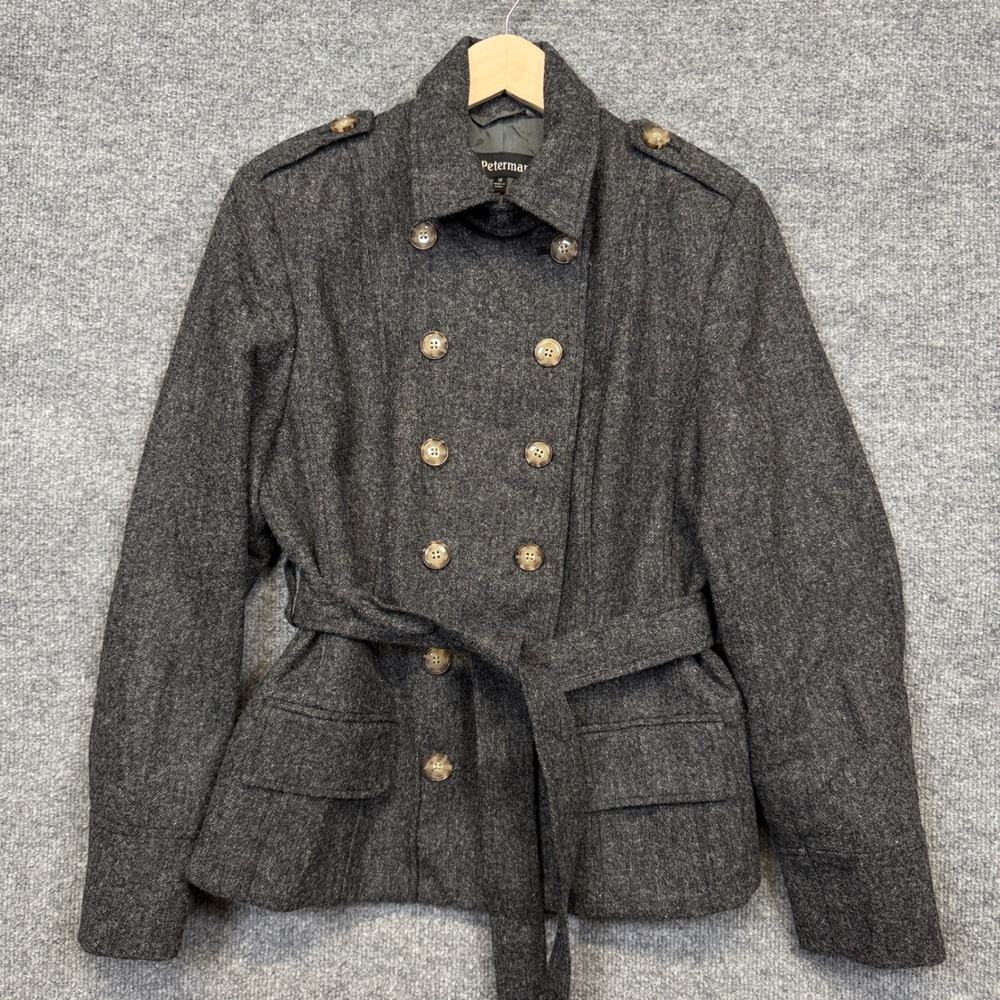 J. Peterman Size 12 Pea Coat Black Wool Double Breasted Belted Buttons Pockets